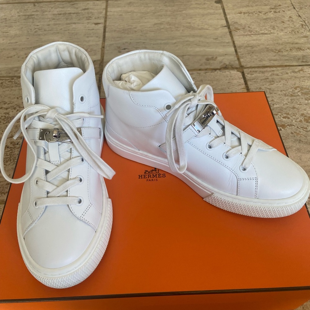 Hermes Daydream Kelly High Top Sneaker Tennis Shoes White Size 38 With Silver